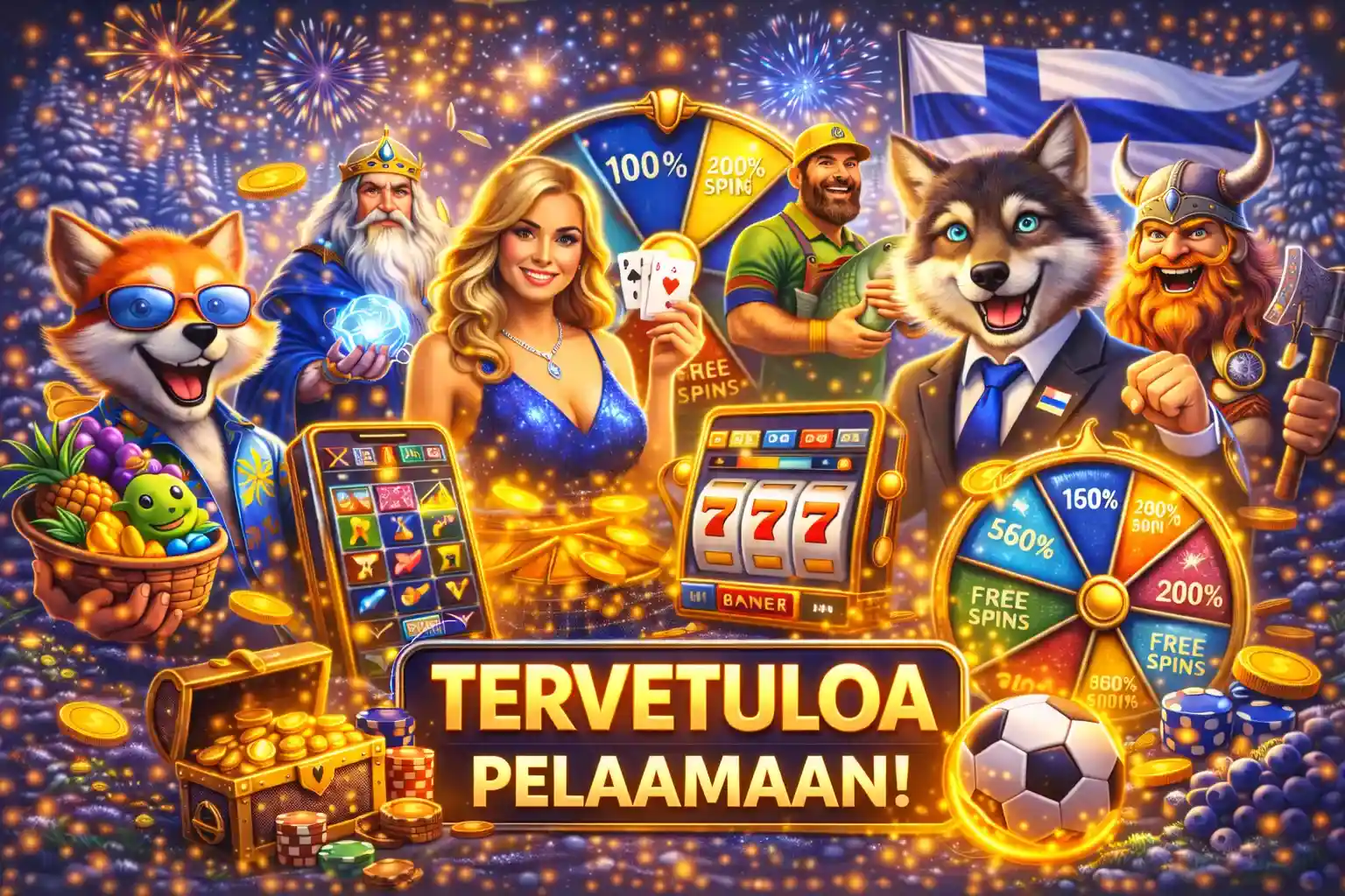 Iloinen kasinobanneri suomalaisille pelaajille, kolikot, slotit ja juhlatunnelma