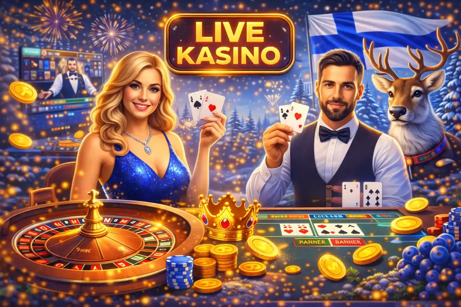 Live-kasino rulettipöytä, jakaja ja korttipelit suomalaisessa teemassa